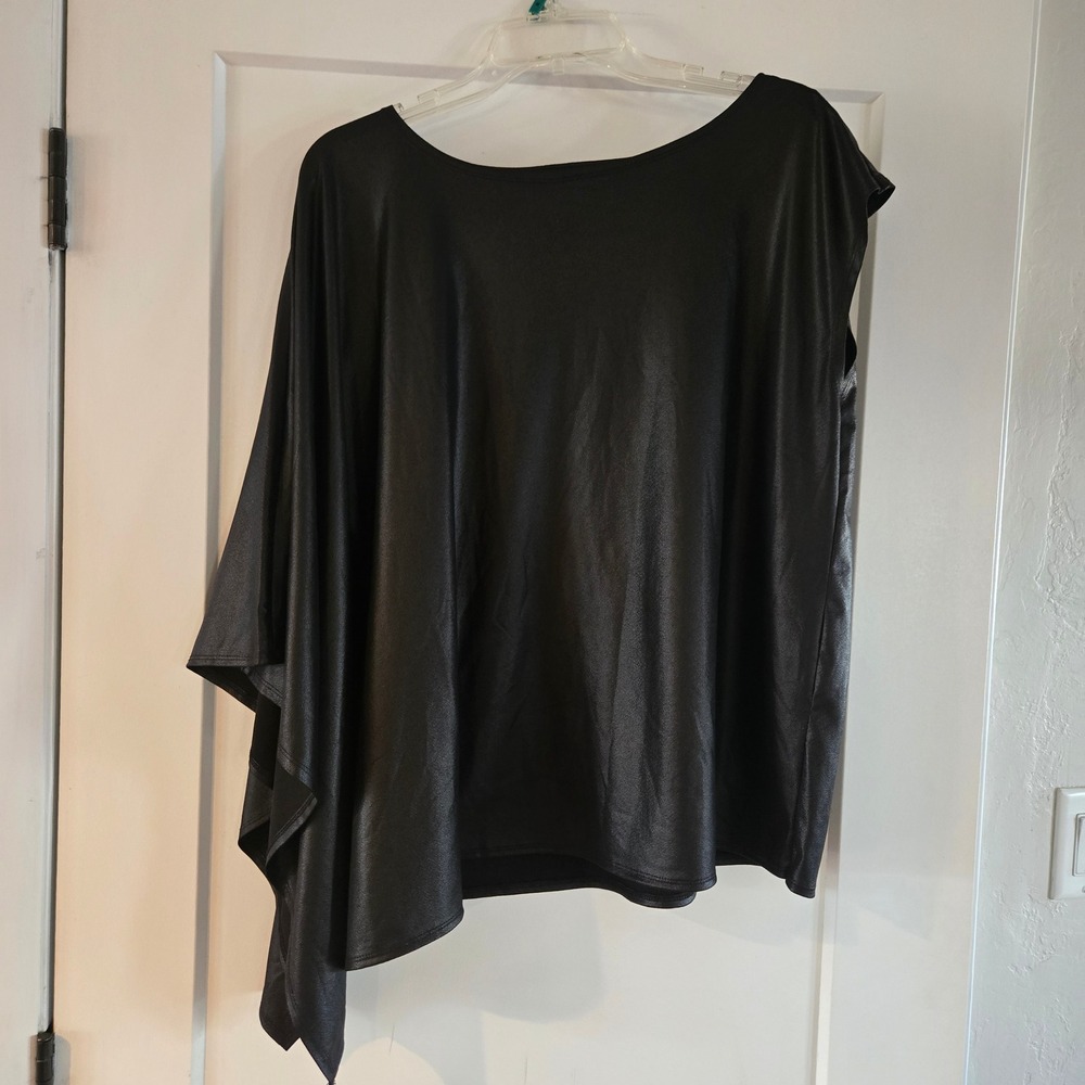 Cato Blouse Womans 14 16 Faux Leather One Shoulder Cape Sleeve Top Black New - Picture 5 of 8